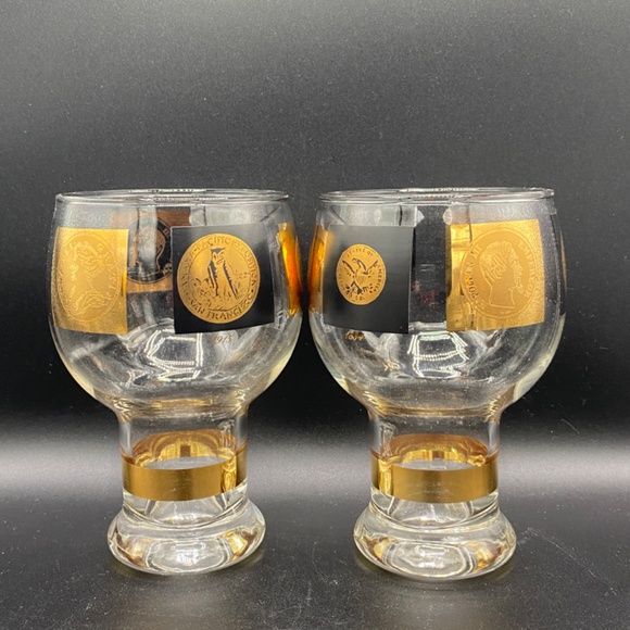 Cera Beer Glass x4 clear with black and gold coin pattern VTG MCM 1960's USA - Picture 2 of 6